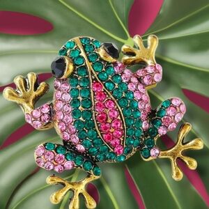 Rhinestone Tree Frog Brooch. Turquise/Pink NWT